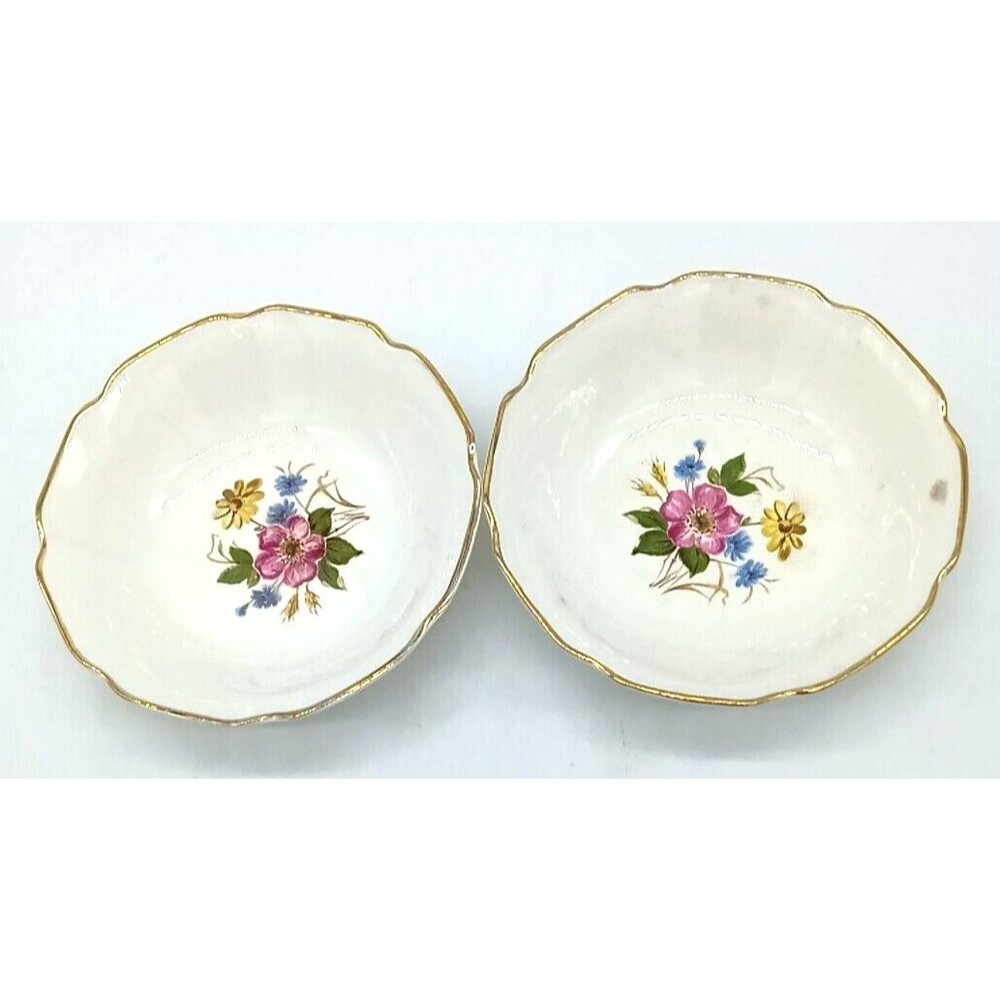 Vintage W.S. George Lido Canarytone Gold Trim  Set Of 2 Wildflower Dessert Bowls